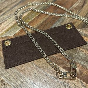Dark brown wallet insert with 47” gold curb link chain strap